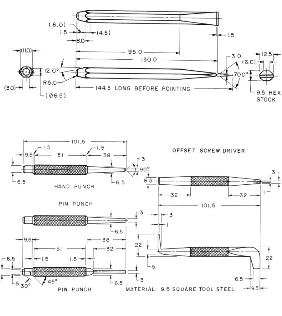 cold chisel, punches, and screwdriver metal shop projects